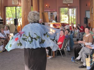 Heather Sinclair modelling her nuno felted garment...right now it is a shawl, but maybe it will be a skirt in the future?